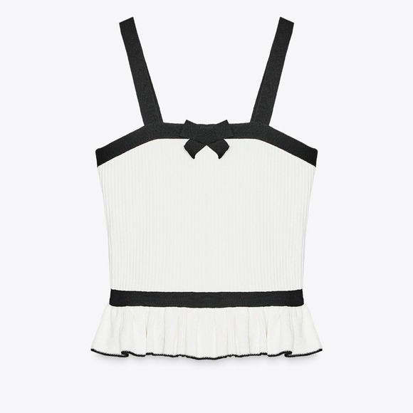Zara Tops - Zara Women White Ribbed Knit Peplum Camisole Top Black Bow‎ Trim Medium 4770/117